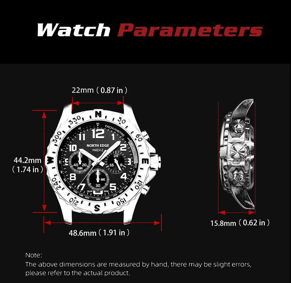 NORTH EDGE  Men's Watches Solar Power 316 stainless steel Case Quartz Watch For Men Pilot Waterproof 50M Stopwatch