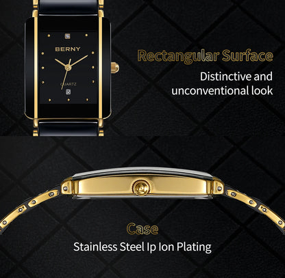 BERNY Ceramic Quartz Men Watch Fashion Luxury Rectangle Wristwatch XV12 Waterproof Calendar Diamon Black Gold Couple Gifts Watch