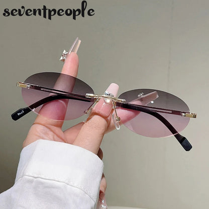 Rimless Oval Sunglasses Women 2026 Luxury Brand Vintage Small Frame Gold Metal Gradient Lens Y2K Punk Streetwear Fashion Eyewear