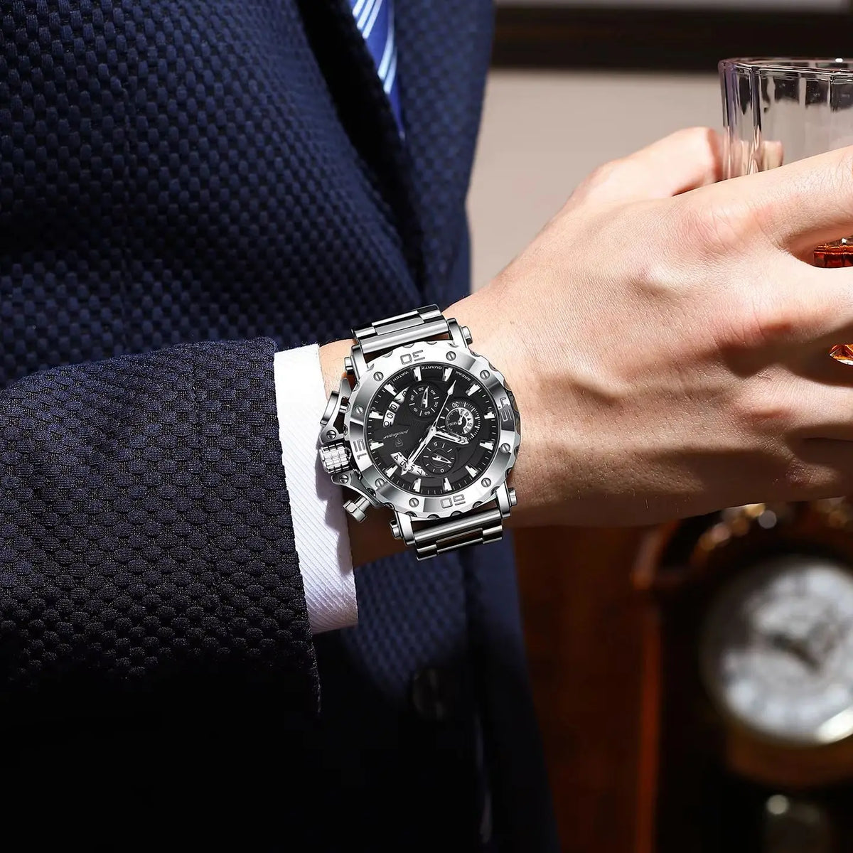 Luxusní pánské hodinky POEDAGAR, s luminiscenčními ručičkami, vodotěsné, chronograf, datum, nerezová ocel, quartz, Reloj