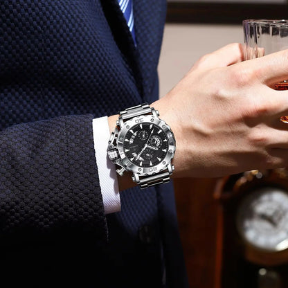 Luxusní pánské hodinky POEDAGAR, s luminiscenčními ručičkami, vodotěsné, chronograf, datum, nerezová ocel, quartz, Reloj