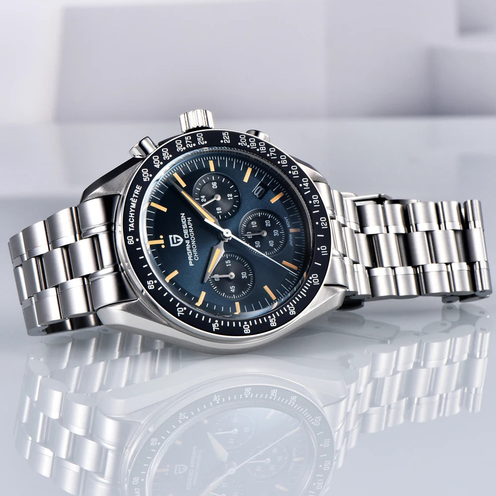 PAGANI DESIGN herenhorloge „New Moon“ – Luxe quartzhorloge, chronograaf, saffierglas met antireflectiebehandeling, keramische lunette, lichtgevende wijzers