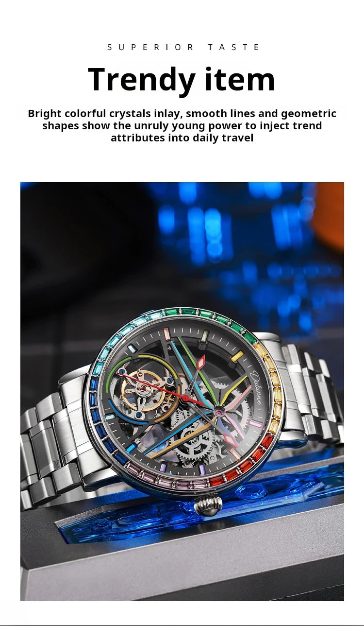 Rainbow Colored Gemstone Tourbillon Fashion Skeleton Watch Men Waterproof 30M Sports Watches Luxury Automatic Mechanical Clock