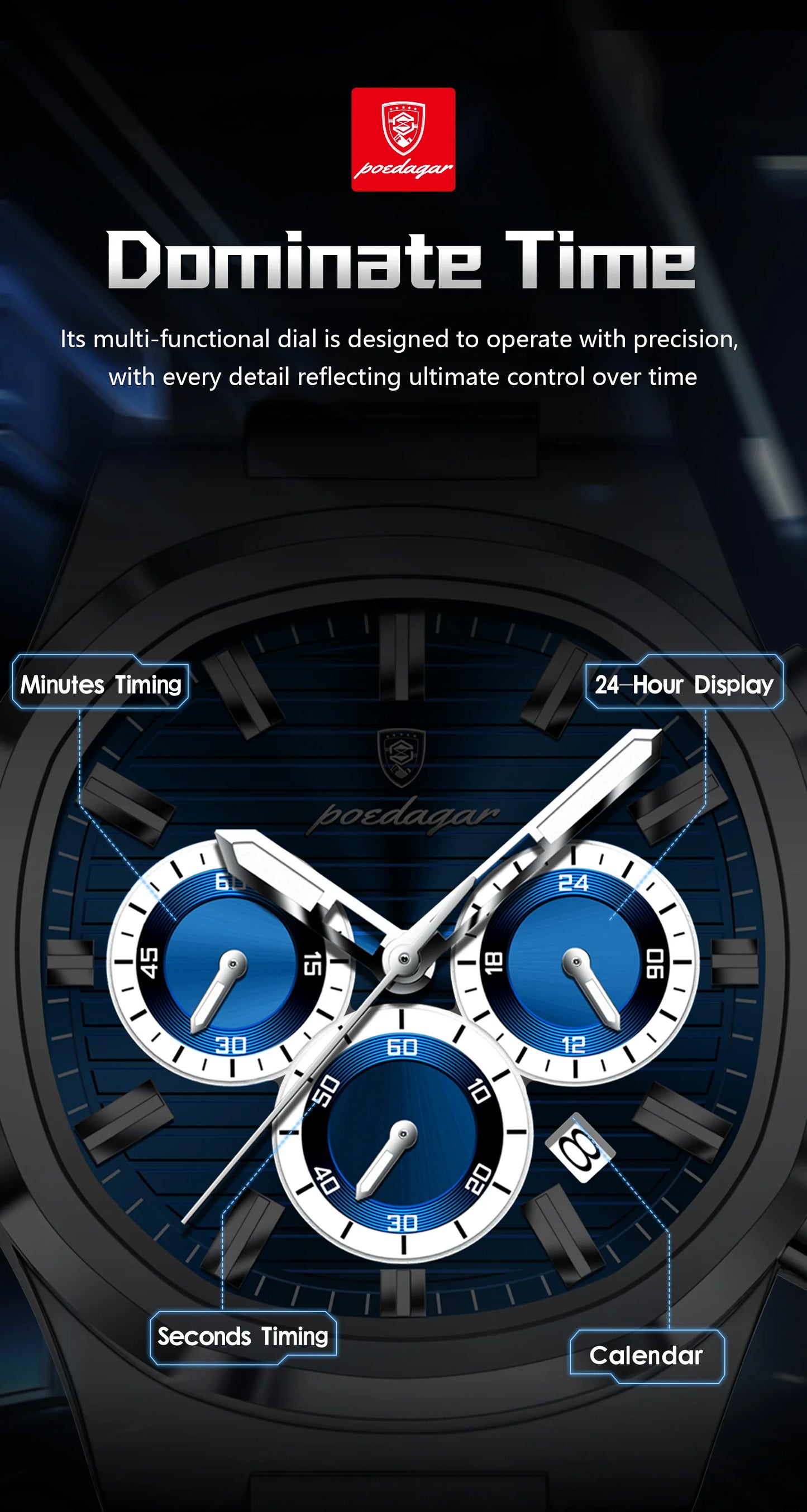POEDAGAR Men’s Luxury Stainless Steel Quartz Watch  Waterproof Chronograph with Luminous Dial & Date