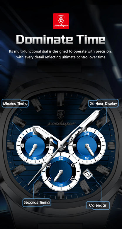 POEDAGAR Men’s Luxury Stainless Steel Quartz Watch  Waterproof Chronograph with Luminous Dial & Date