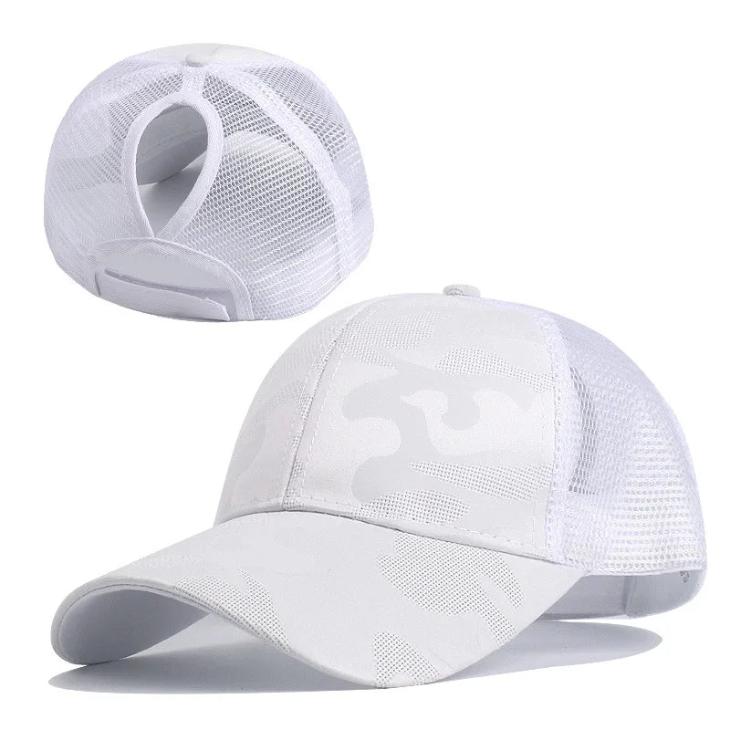 2024 New Summer Camouflage Mesh Trucker Hat Snapback Cap Chapeau Femme Fashion Messy Hair Bun Ponytail Baseball Caps for Women