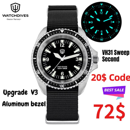 Orologio di lusso da uomo Watchdives WD1980 V3 con movimento al quarzo VH31 Sweep Seconds, vetro zaffiro con rivestimento AR e impermeabilità 10Bar