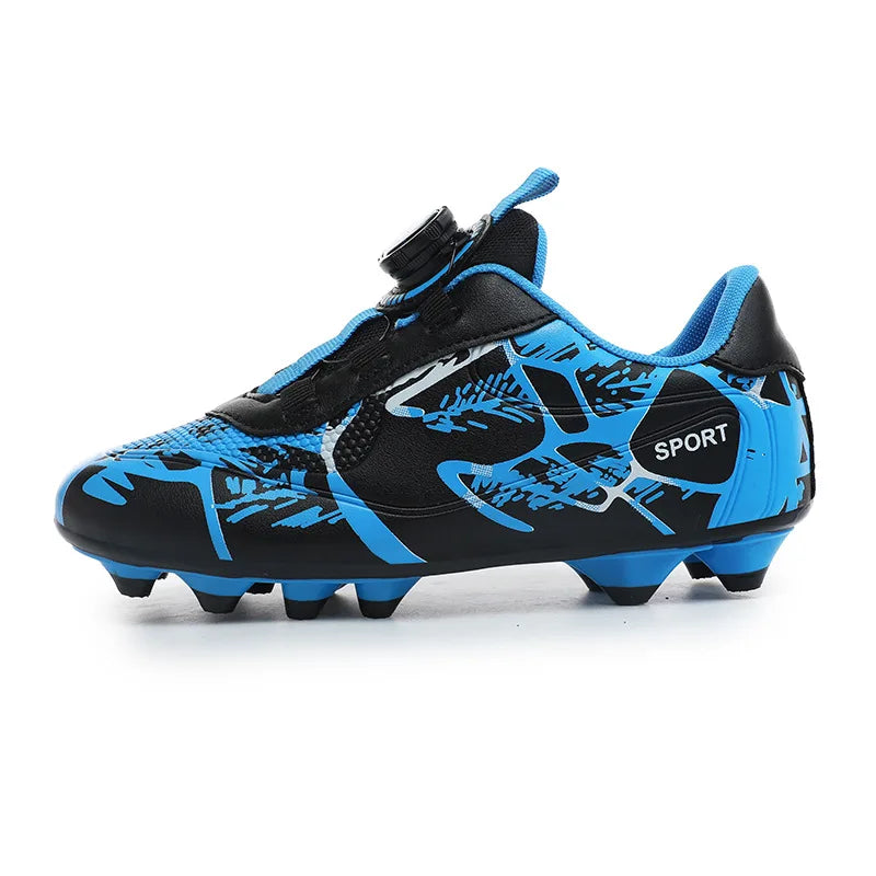 Chaussures de Football à lacets rapides pour enfants, blanches et bleues, crampons ultralégers de haute qualité, baskets de Football antidérapantes pour Match en plein air