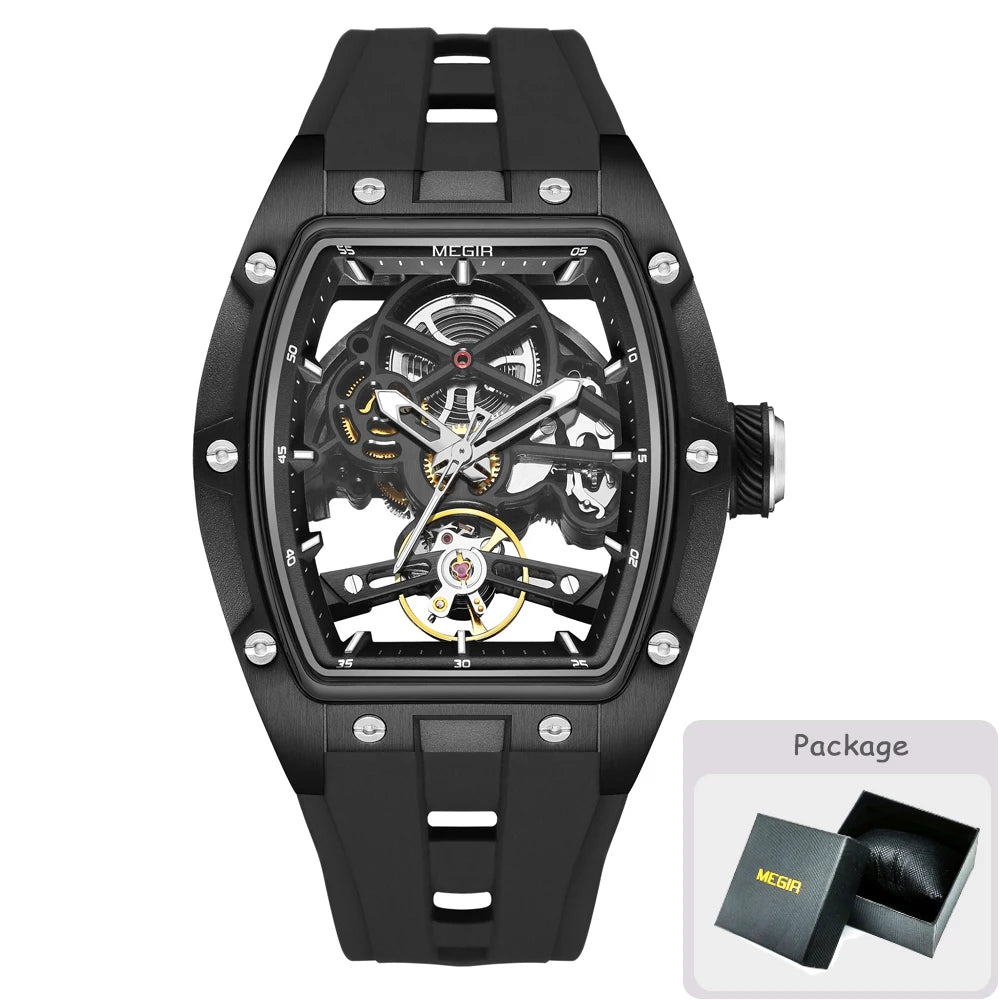 Montre mécanique pour homme MEGIR, forme tonneau, cadran squelette ajouré, style sportif, bracelet en silicone, montre automatique de luxe