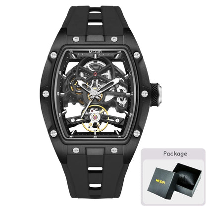 Montre mécanique pour homme MEGIR, forme tonneau, cadran squelette ajouré, style sportif, bracelet en silicone, montre automatique de luxe