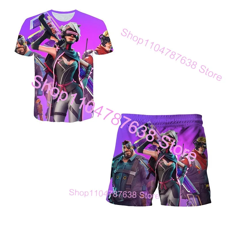 2PCS Suits F-Fortnited Victory 3D T-shirt Shorts Kids Tops Girls Boys Battle Royale Clothes Harajuku Tees Hero Children T Shirt
