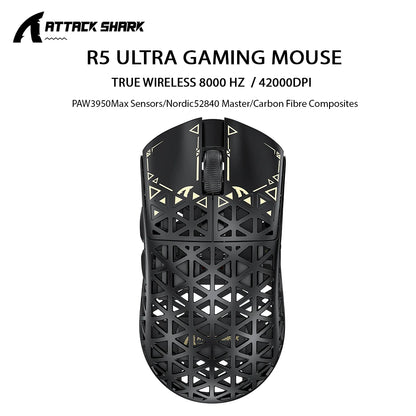 ATTACK SHARK R5 ULTRA Kabellose Gaming-Maus – 8K Polling, PAW3950MAX-Sensor, 42,000 DPI, ultraleicht aus Carbonfaser für Pro-Esport