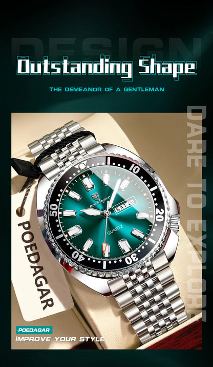 POEDAGAR Luxury Business Men Watch Date Week Waterproof Luminous Man Wristwatch Sport Stainless Steel Quartz Men's Watches Reloj