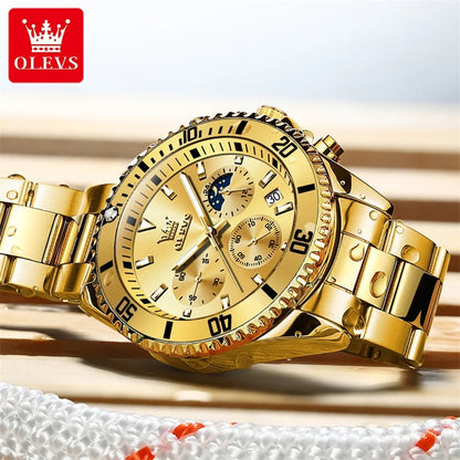 Reloj OLEVS para hombre, marca de lujo, reloj militar de cuarzo dorado, resistente al agua, fecha luminosa, caja de acero inoxidable.