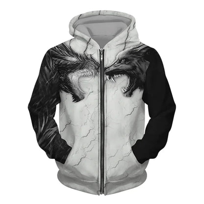 New 3D Wolf Print Men's Hooded Sweatshirt Street Punk Style Zip-up Jumper Oversized Jacket Coat Stylish Vintage Clothes Zip Coat