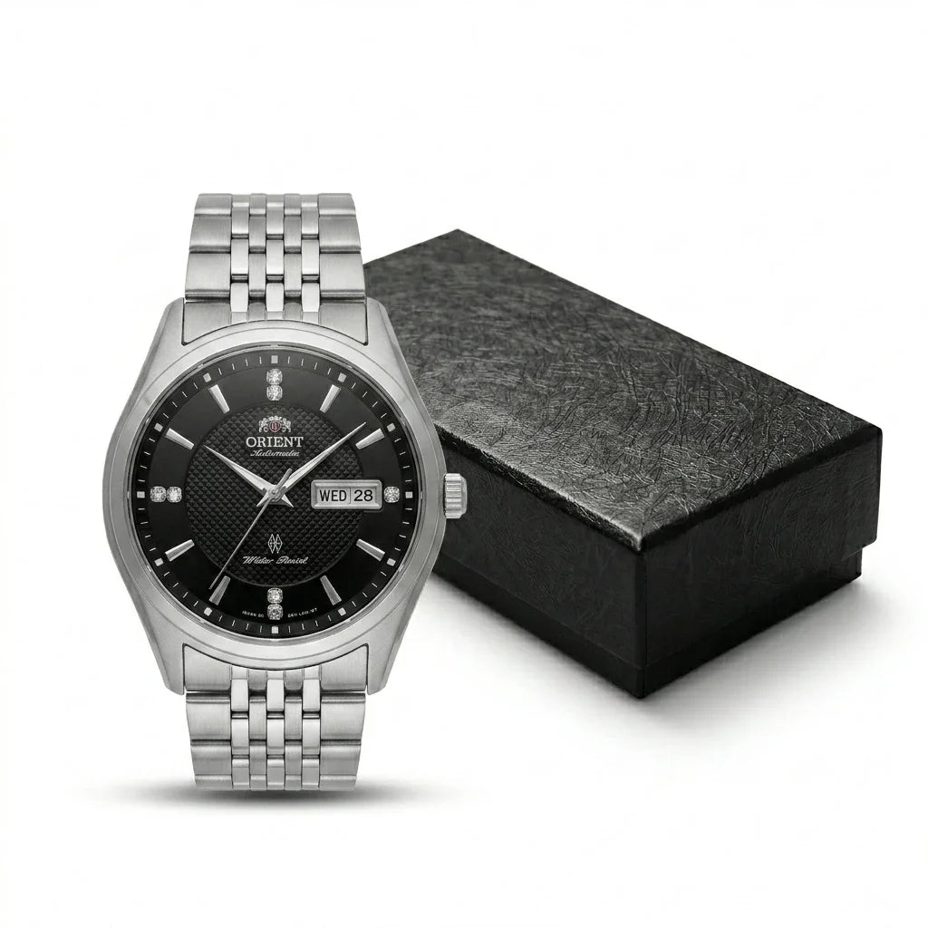 Orient automatisch mechanisch herenhorloge, met dubbele kalender (datum en dag van de week), kristallen indexen en roestvrijstalen armband – Polshorloge in professionele stijl