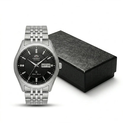 Orient automatisch mechanisch herenhorloge, met dubbele kalender (datum en dag van de week), kristallen indexen en roestvrijstalen armband – Polshorloge in professionele stijl