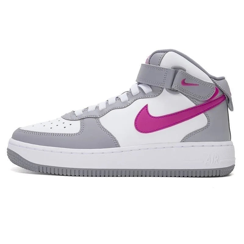 Nike Air Force 1 Mid EasyOn, chaussure de ville confortable et polyvalente, modèle à lacets, tige haute, couleur gris ciment et rose vif, unisexe, FN1193-003.