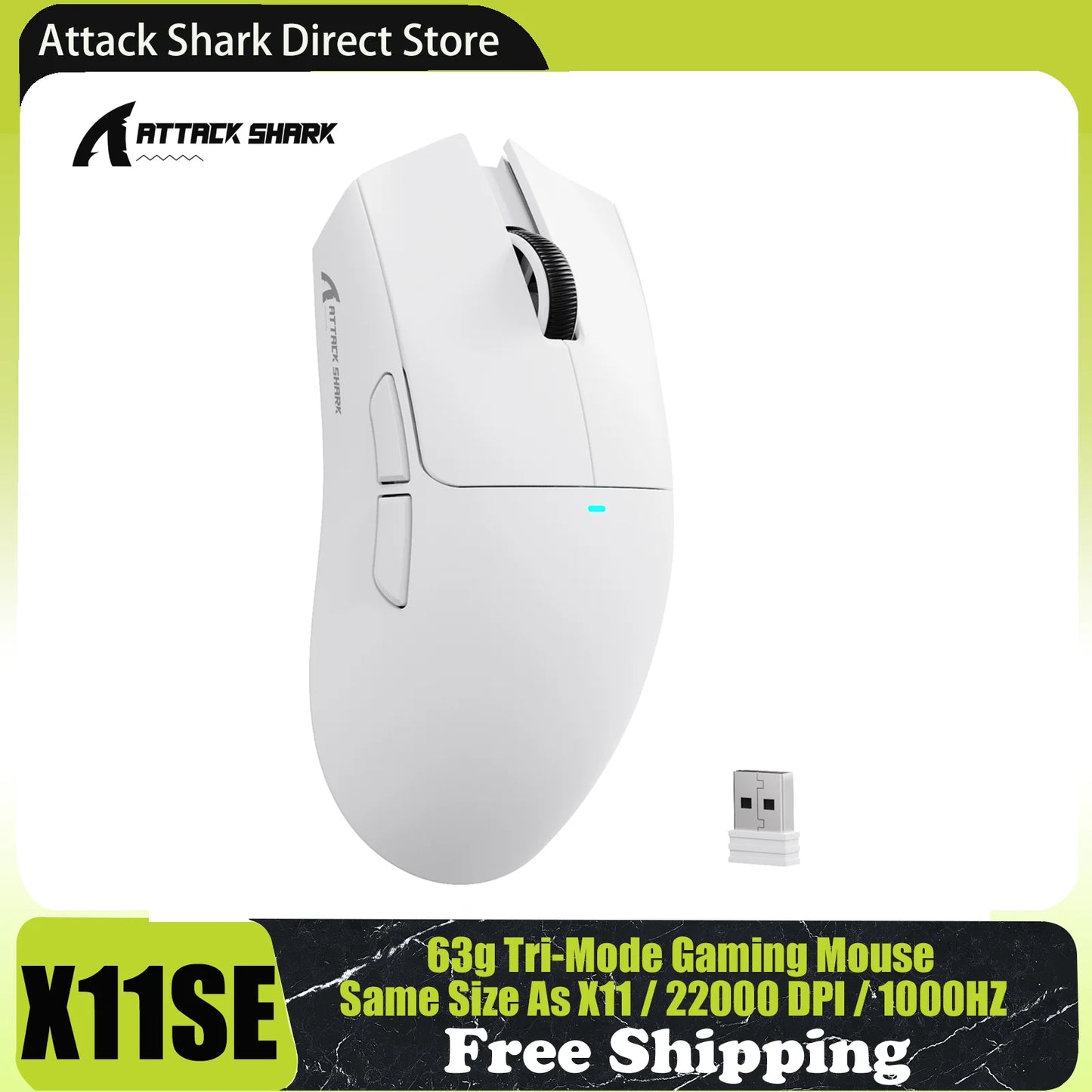 ATTACK SHARK X11SE trådlös gamingmus, tri-mode, 63g superlätt med PAW3311-sensor, 22000 DPI, 300mAh batteri, dubbel drivrutin