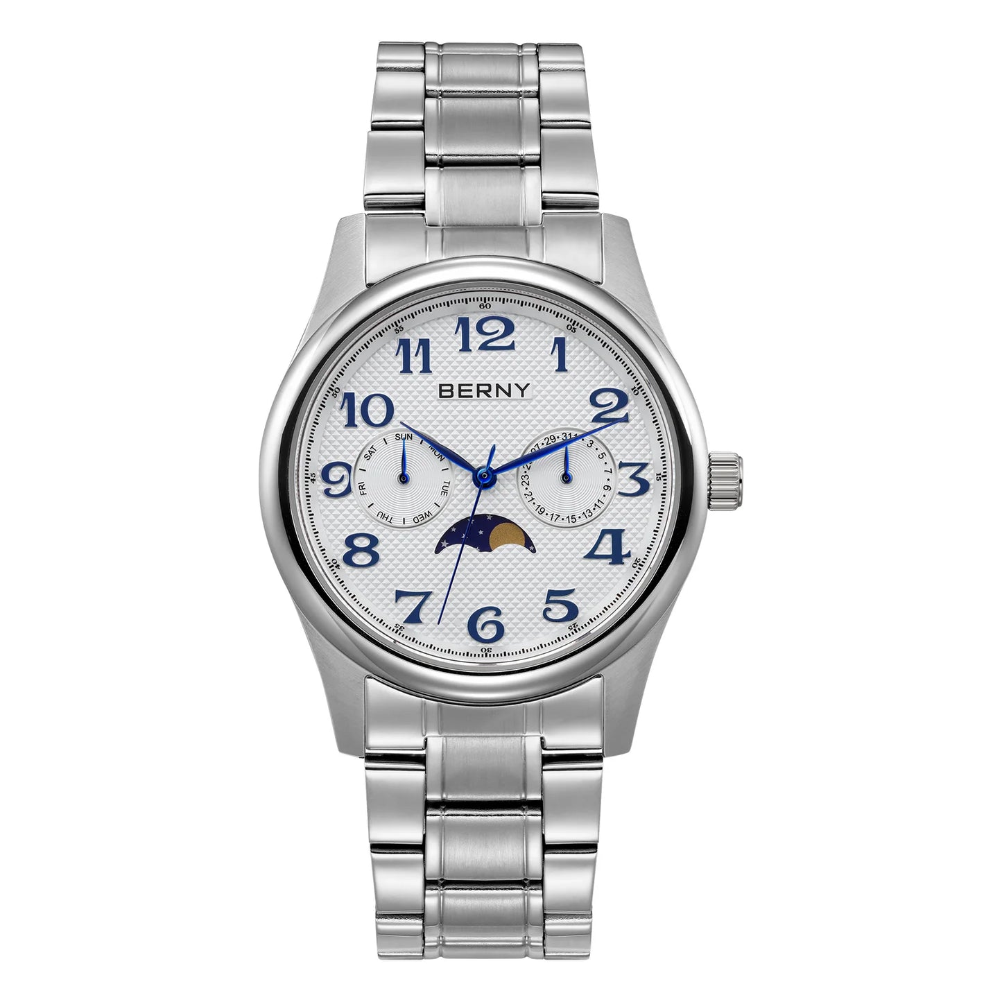 BERNY Watches for Men Moon Phase Quartz Men's Watch Day and Date Calendar Easy Read Vintage-Style Business Dress Wristwatch