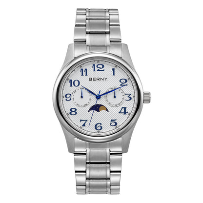 BERNY Watches for Men Moon Phase Quartz Men's Watch Day and Date Calendar Easy Read Vintage-Style Business Dress Wristwatch
