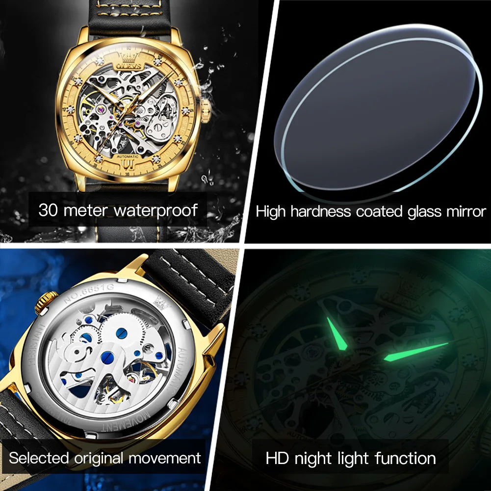 OLEVS 6651 Men's Watch Classic Automatic Mechanical Watch For Men Hollow Skeleton Clock Luxury Leather Waterproof Wrist Watches