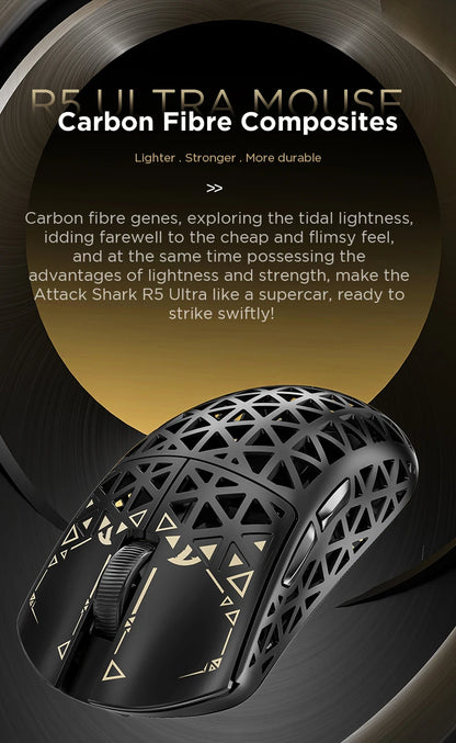 ATTACK SHARK R5 ULTRA Kabellose Gaming-Maus – 8K Polling, PAW3950MAX-Sensor, 42,000 DPI, ultraleicht aus Carbonfaser für Pro-Esport