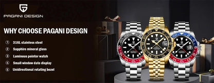 Relógio PAGANI DESIGN 40MM GMT para Homem, Luxo, Safira AR, Mecânico, Luneta em Cerâmica, Automático, 100M à Prova de Água, Relógio para Oferta