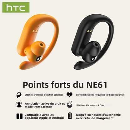 HTC NE61 Bluetooth Earphones – Premium Wireless Noise Reduction Sports Earbuds with AI Translator, Heart Rate Monitor & HD Bass