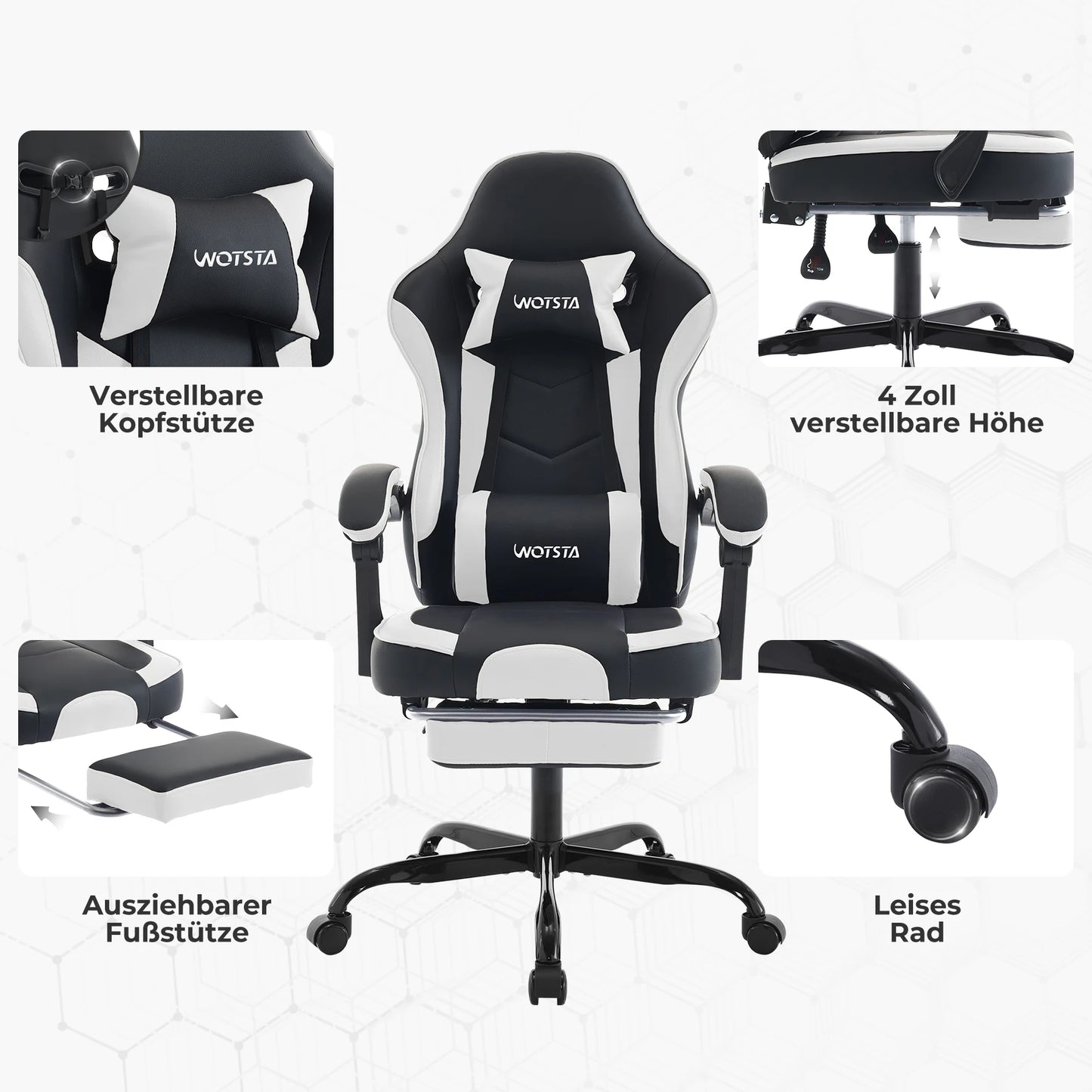 WOTSTA Gaming-Stuhl mit Fußstütze, ergonomischer Gamer-Stuhl mit Lendenkissen, Kopfstütze und höhenverstellbarem Computerstuhl