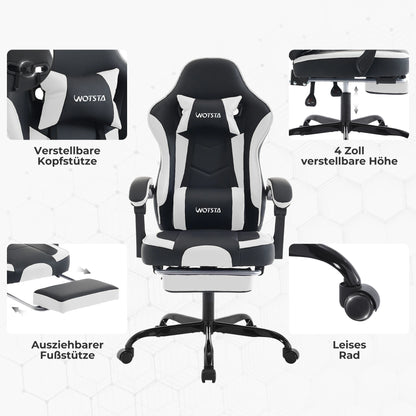 WOTSTA Gaming-Stuhl mit Fußstütze, ergonomischer Gamer-Stuhl mit Lendenkissen, Kopfstütze und höhenverstellbarem Computerstuhl