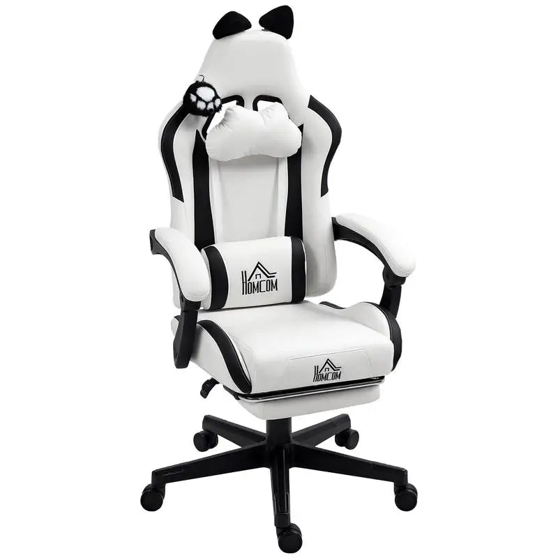 Cute Cat Gaming Chair with Removable Cat Ears, Retractable Footrest, Adjustable Height, Lumbar Support, 360° Swivel Reclining Gamer Chair