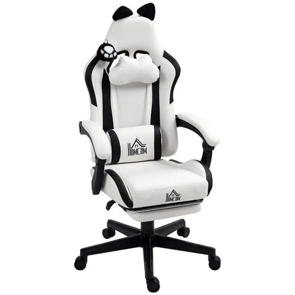 Cute Cat Gaming Chair with Removable Cat Ears, Retractable Footrest, Adjustable Height, Lumbar Support, 360° Swivel Reclining Gamer Chair