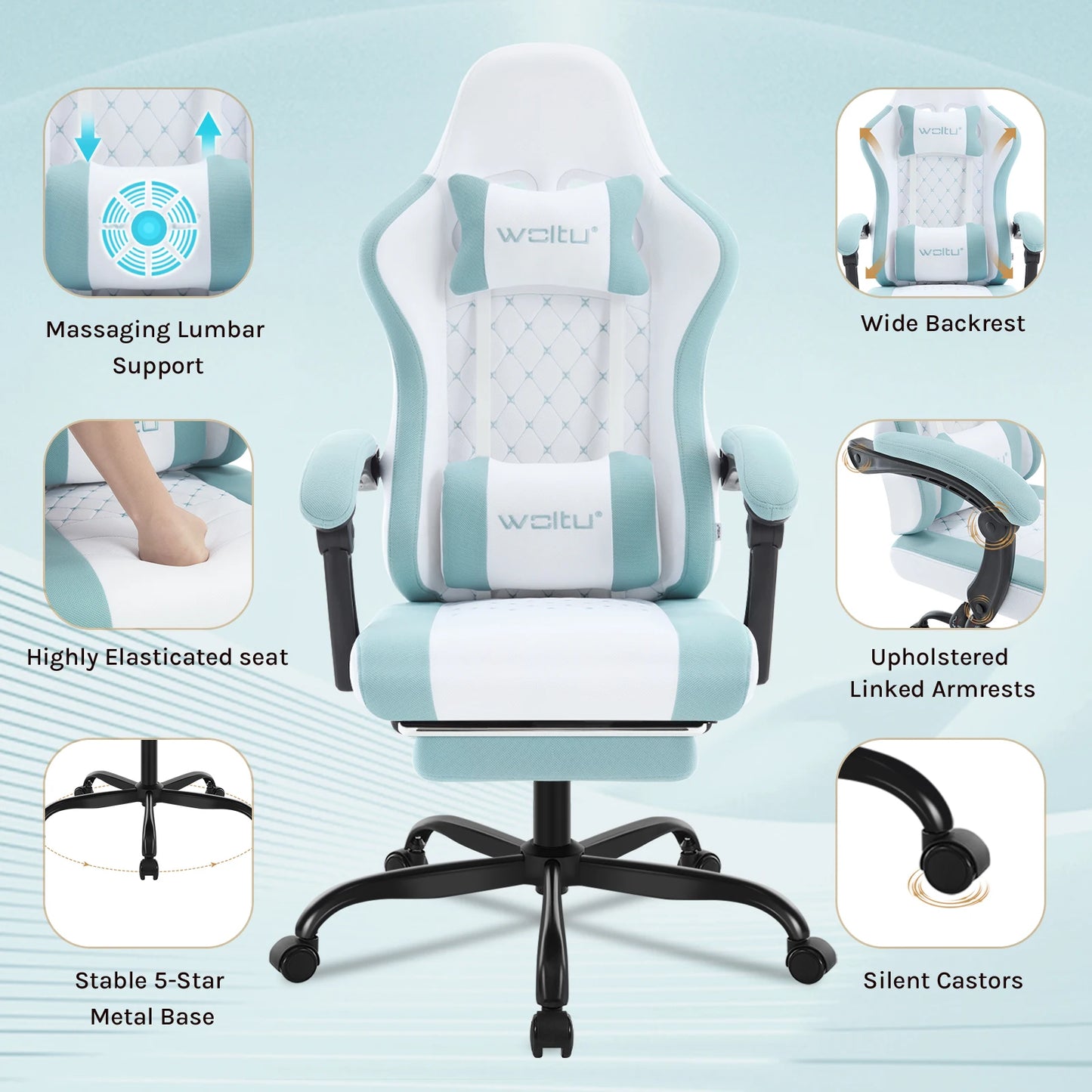 Fotel komputerowy obrotowy WOLTU z funkcją masażu, ergonomiczny fotel biurowy z poduszką i podnóżkiem, gamingowy fotel z regulacją wysokości