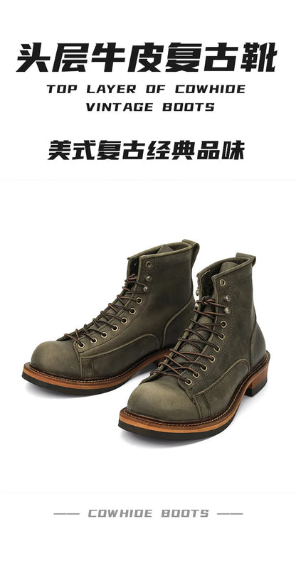 KOWM cowhide Hiking shoes men's walking boot British trekking shoes thick soled cowhide high top motorcycle boots ankle sneakers