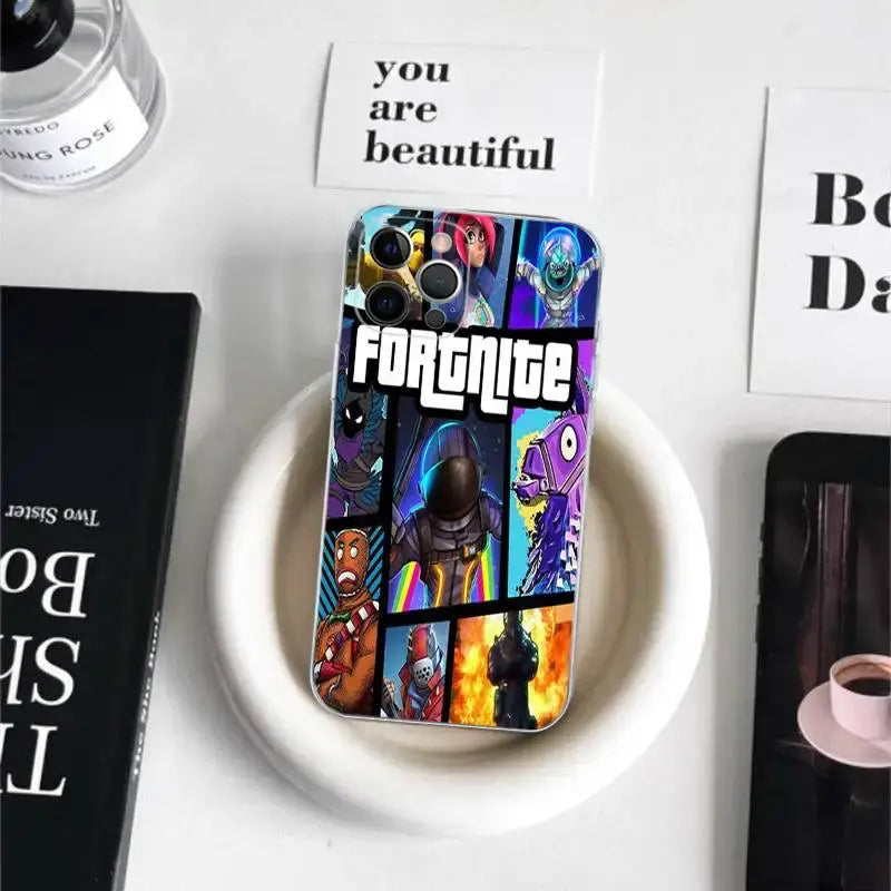 Capa de Telemóvel em TPU Macio Transparente Estilo Cartoon B-Battle-R-Royales-F-FortniteS para iPhone 17 16 15 14 13 12 11 Pro Max Plus