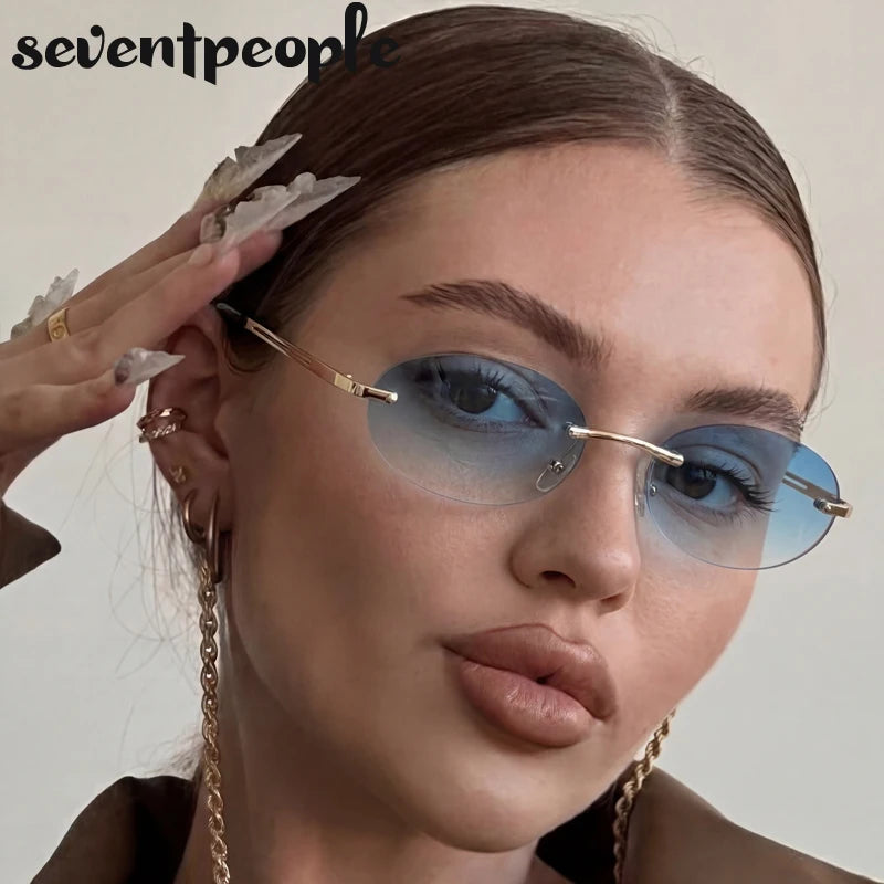 Rimless Oval Sunglasses Women 2026 Luxury Brand Vintage Small Frame Gold Metal Gradient Lens Y2K Punk Streetwear Fashion Eyewear