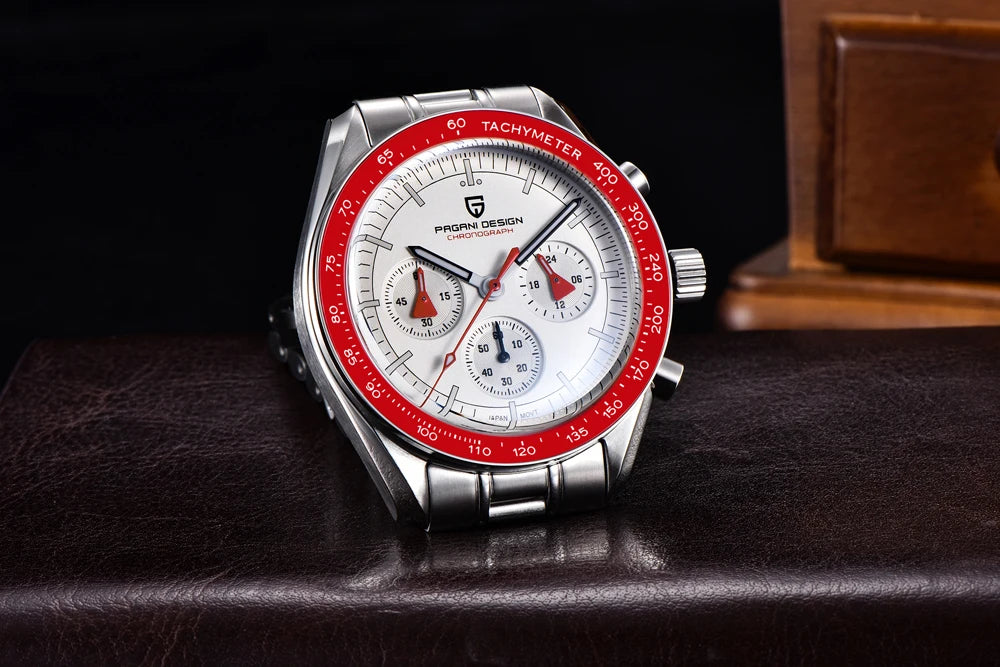 PAGANI DESIGN herenhorloge „New Moon“ – Luxe quartzhorloge, chronograaf, saffierglas met antireflectiebehandeling, keramische lunette, lichtgevende wijzers