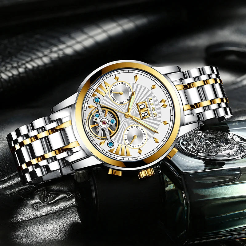 LIGE mekaniske automatiske armbåndsure til mænd – Luksuriøst ur i topklasse med tourbillon, elegant og vandtæt model, ideelt til arbejde eller formelle lejligheder.