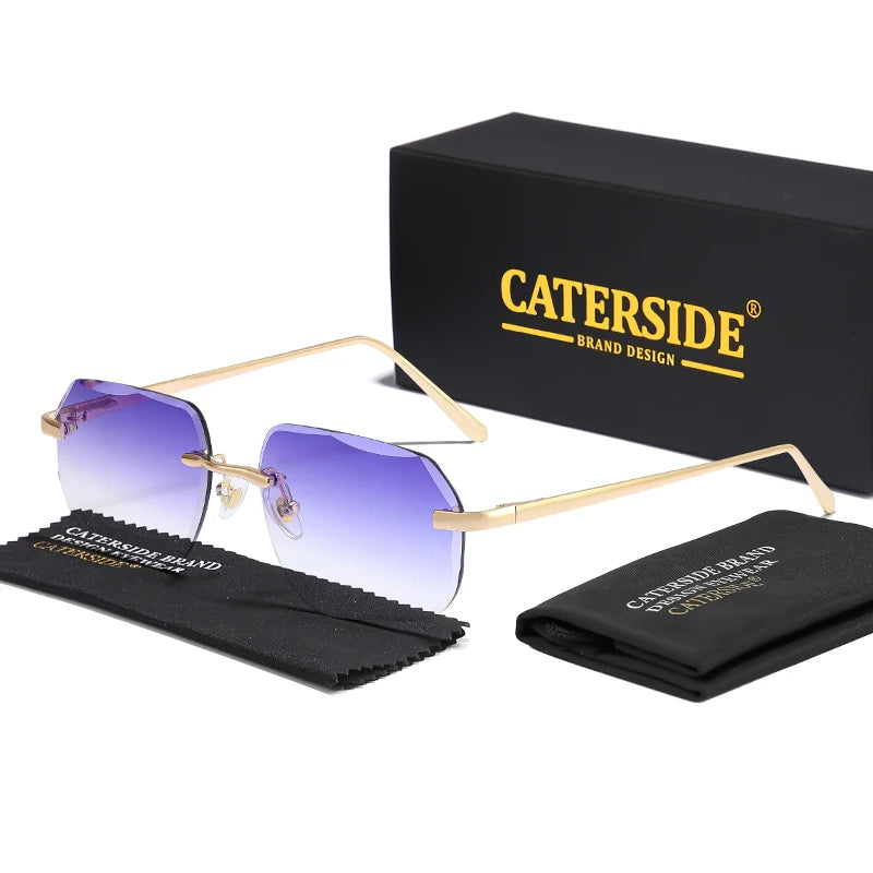 CATERSIDE Fashion Frameless Men's Sunglasses with Design Sense Lenses Metal Temple Sunglasses Women's Party Travel Sunglasses