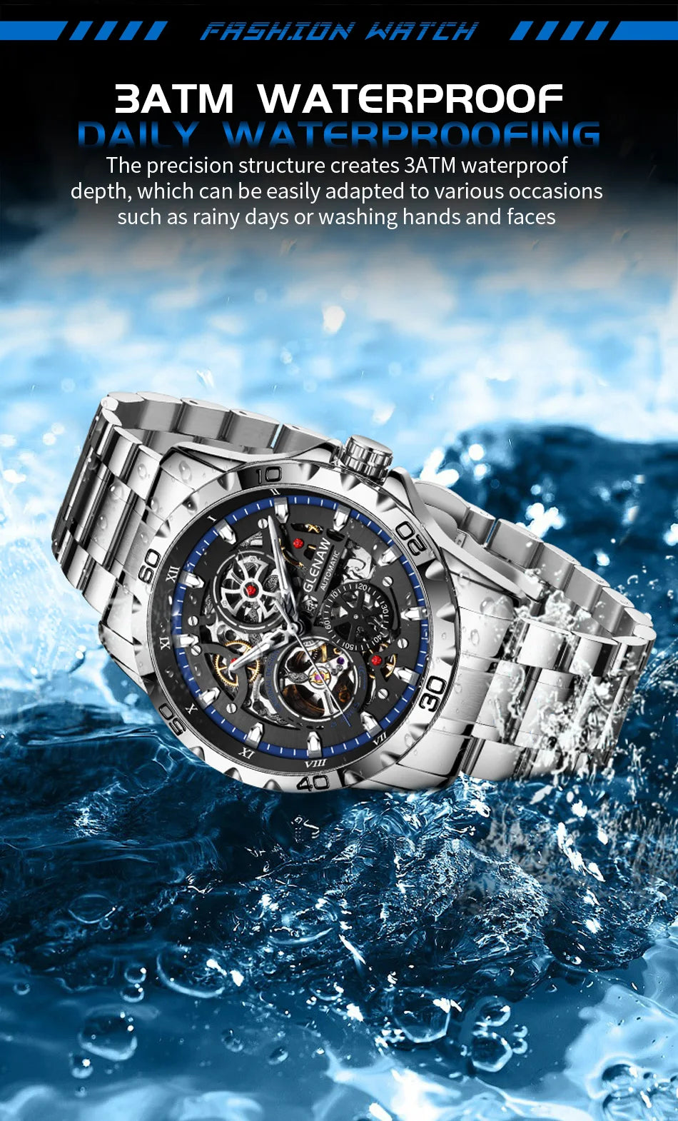 GLENAW Steampunk Skeleton Men's Watch Ring Luxury Automatic Mechanical Watches Luminous Waterproof Stainless Steel Strap Watch
