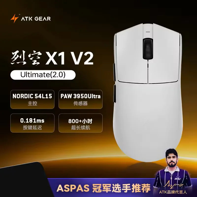 ATK Blazing Sky X1 V2 Ultimate Dual Mode trådløs mus, letvægtsdesign, PAW3950 Ultra, Dual 8K HZ, lav latenstid, tilpasset ergonomisk mus