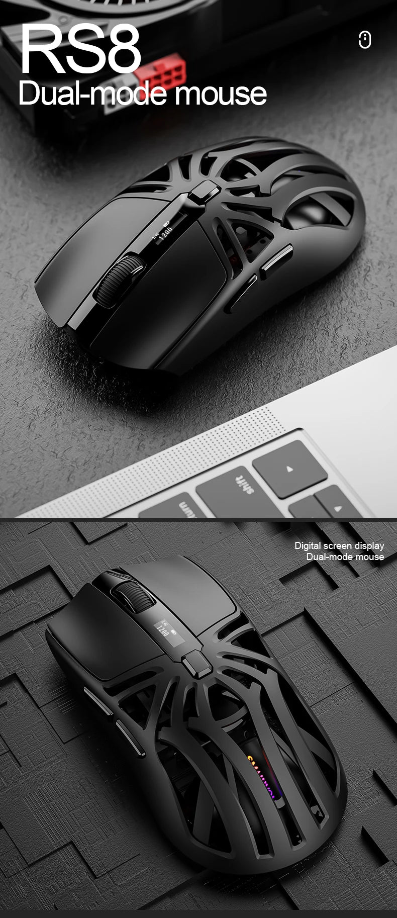 SMAILWOLF RS8 Gaming Mouse Bluetooth Wireless Three-mode Lightweight Hollow Design 1K Return Computer Long Battery Life