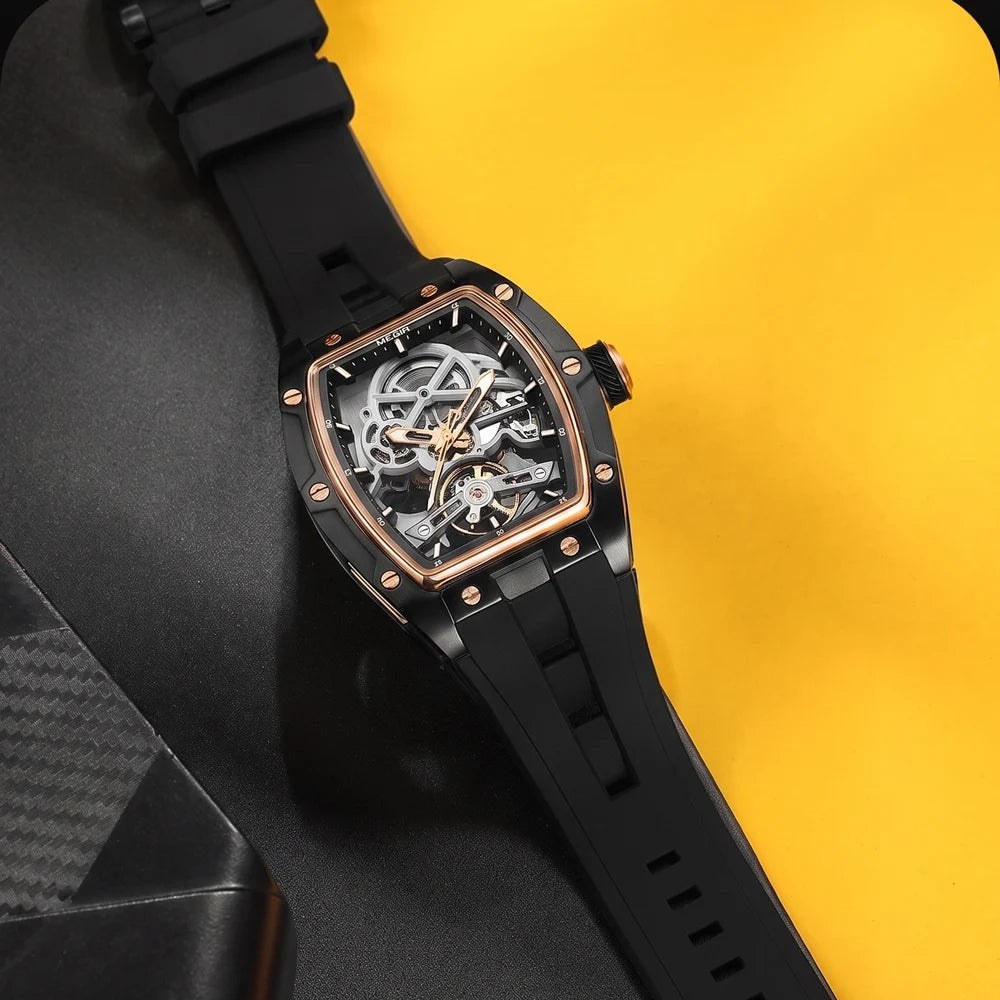 Montre mécanique pour homme MEGIR, forme tonneau, cadran squelette ajouré, style sportif, bracelet en silicone, montre automatique de luxe