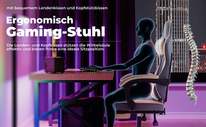 WOTSTA Gaming-Stuhl mit Fußstütze, ergonomischer Gamer-Stuhl mit Lendenkissen, Kopfstütze und höhenverstellbarem Computerstuhl