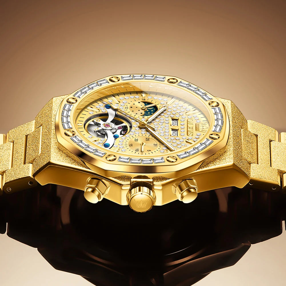 OLEVS Gold Steel Men's Watches Top Brand Automatic Mechanical Luxury Watch Sport Waterproof Tourbillon Wrist Watch Reloj Hombre