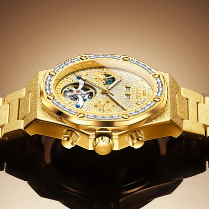 OLEVS Gold Steel Men's Watches Top Brand Automatic Mechanical Luxury Watch Sport Waterproof Tourbillon Wrist Watch Reloj Hombre