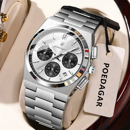 POEDAGAR Herrenuhr – Luxuriöser Chronograph aus Edelstahl, mit Datumsanzeige, wasserdicht und leuchtend – Sportliche Quarz-Armbanduhr
