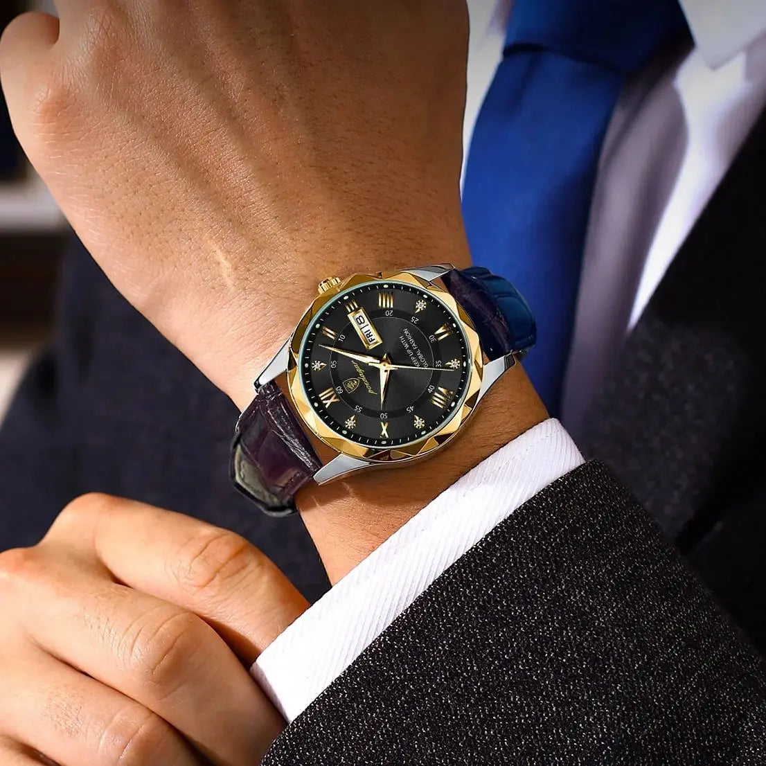 Montre pour homme POEDAGAR, modèle original de luxe : étanche, luminescente, avec affichage de la date et du jour. Montre à quartz au style classique et professionnel, dotée d'un bracelet en cuir.