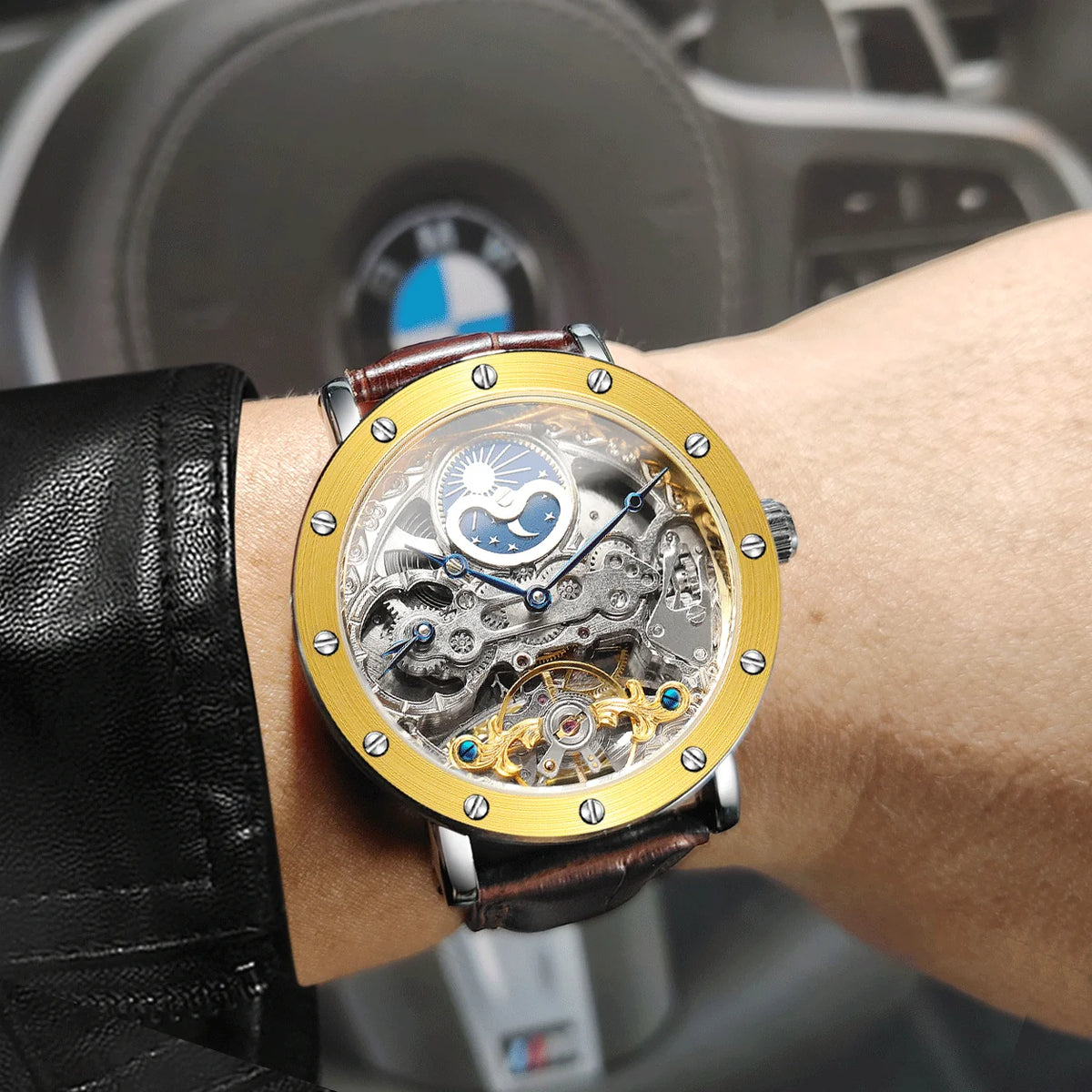 Reloj de pulsera mecánico automático SKROX para hombre, modelo esqueleto con función GMT, fase lunar y tourbillon: reloj de lujo de alta gama, elegante y original.